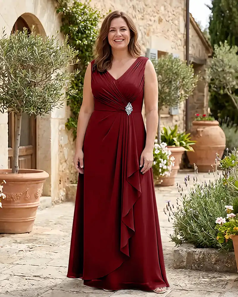 Draped-Ruched-Plus-Size-Mother-of-the-Bride-Dress-with-V-Neck-Burgundy-1