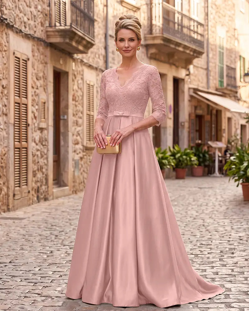 Lace 3/4 Sleeve Mother of the Bride Dress with Bow Sash