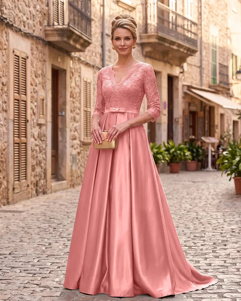 Lace 3/4 Sleeve Mother of the Bride Dress with Bow Sash