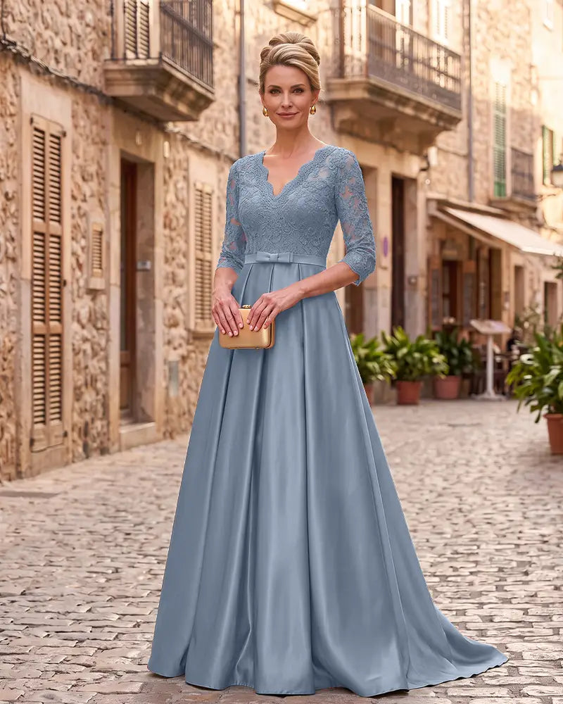 Lace 3/4 Sleeve Mother of the Bride Dress with Bow Sash