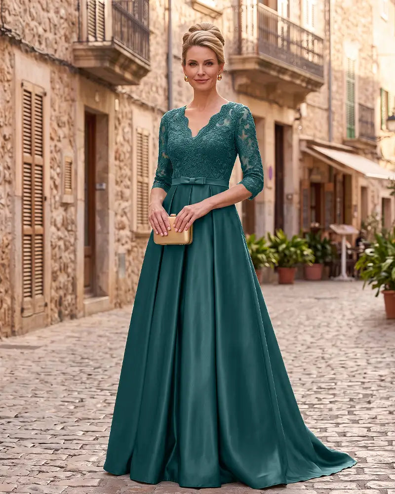 Lace 3/4 Sleeve Mother of the Bride Dress with Bow Sash