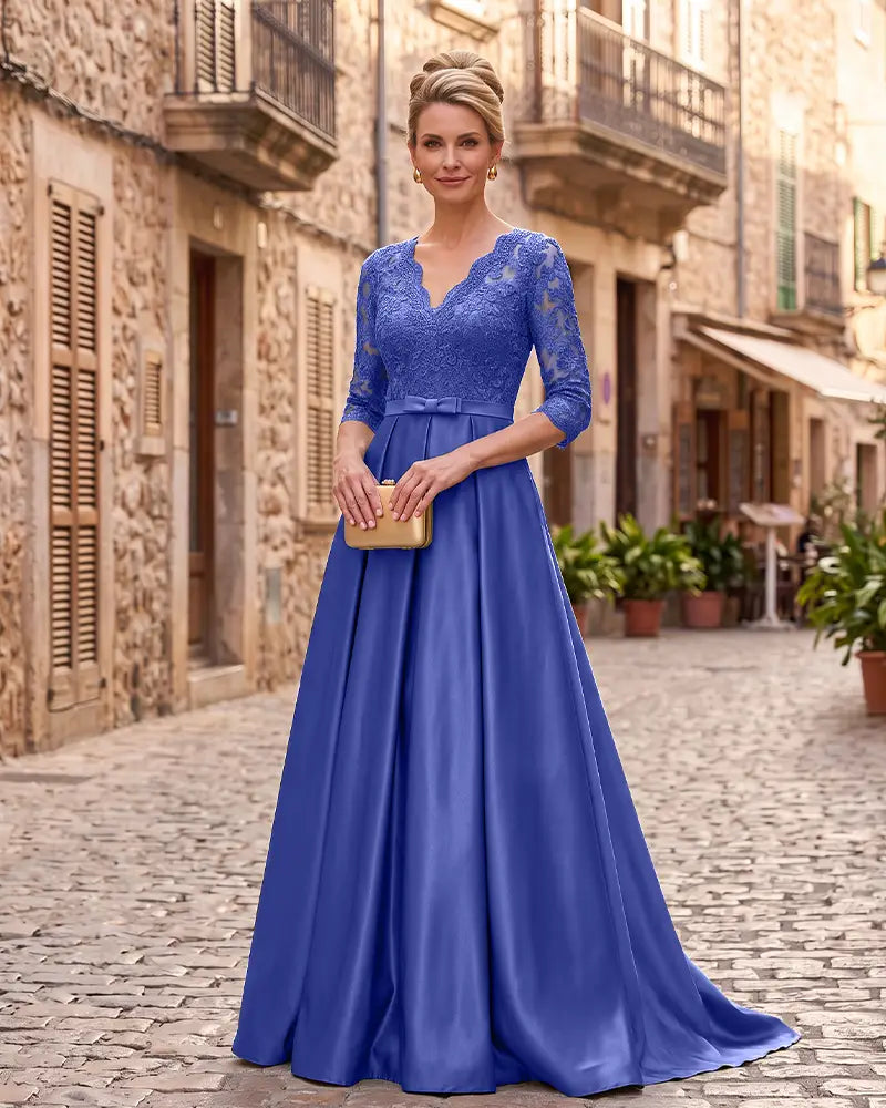 Lace 3/4 Sleeve Mother of the Bride Dress with Bow Sash