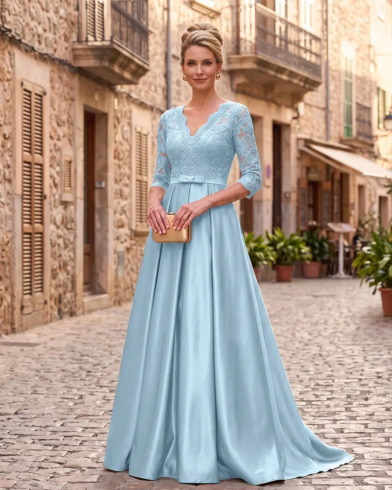 Lace 3/4 Sleeve Mother of the Bride Dress with Bow Sash