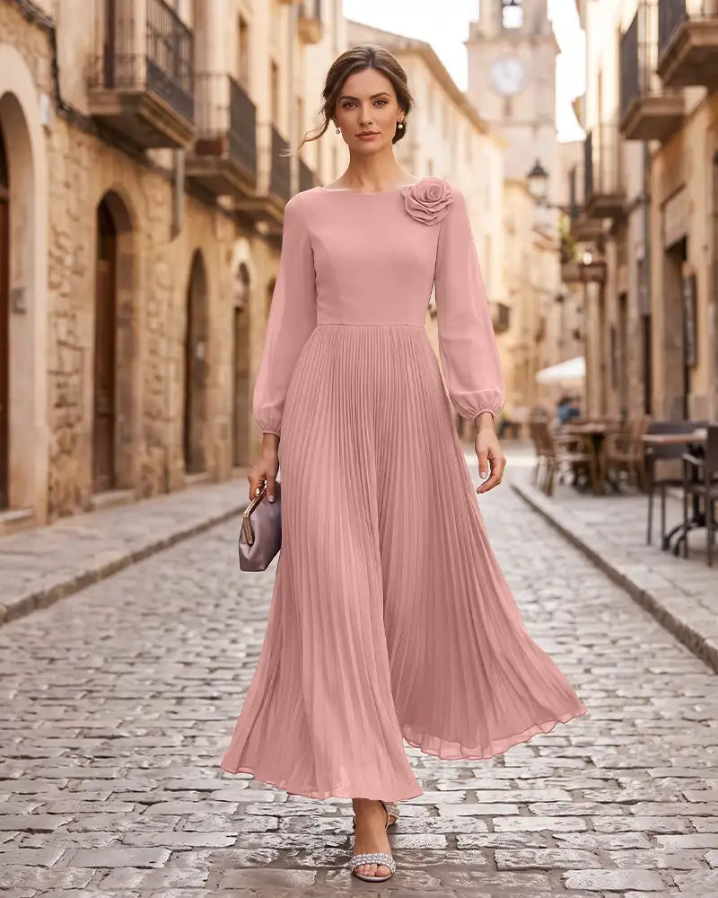 Pleated Mother of the Bride Dress with 3D Floral Shoulder