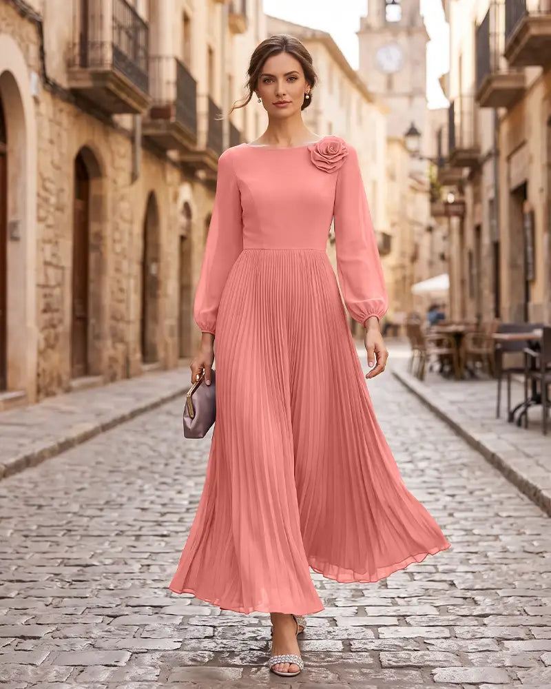 Pleated Mother of the Bride Dress with 3D Floral Shoulder