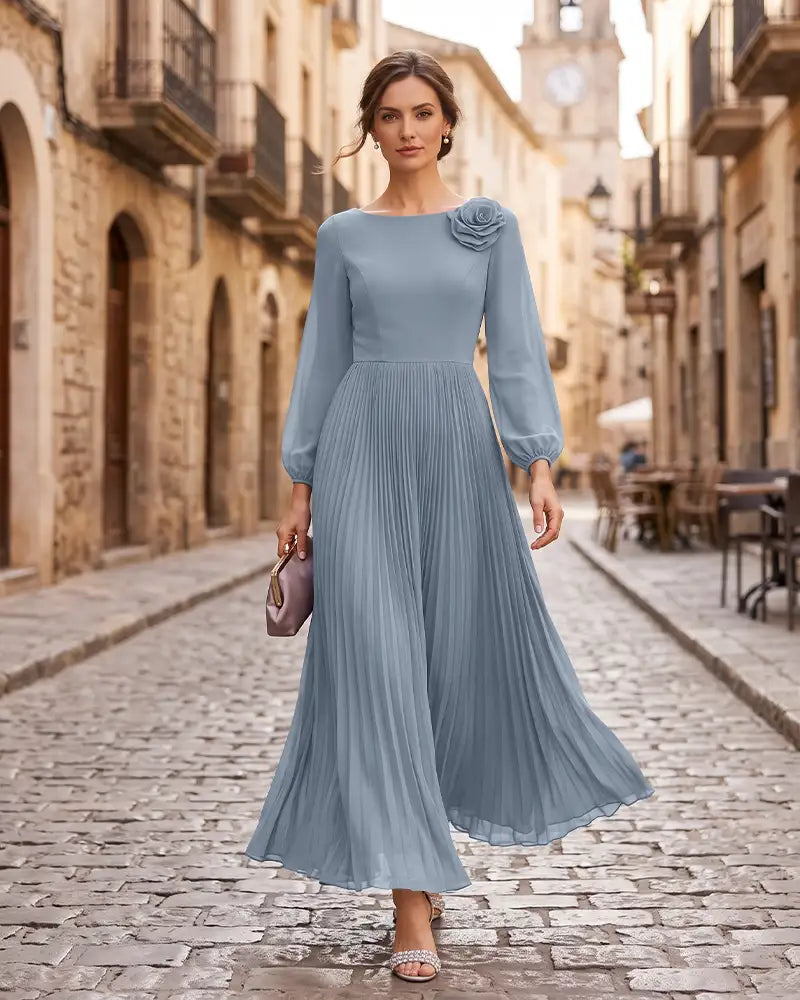 Pleated Mother of the Bride Dress with 3D Floral Shoulder