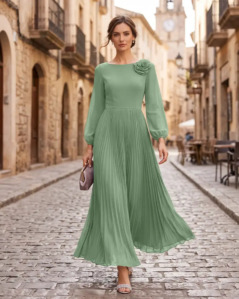 Pleated Mother of the Bride Dress with 3D Floral Shoulder
