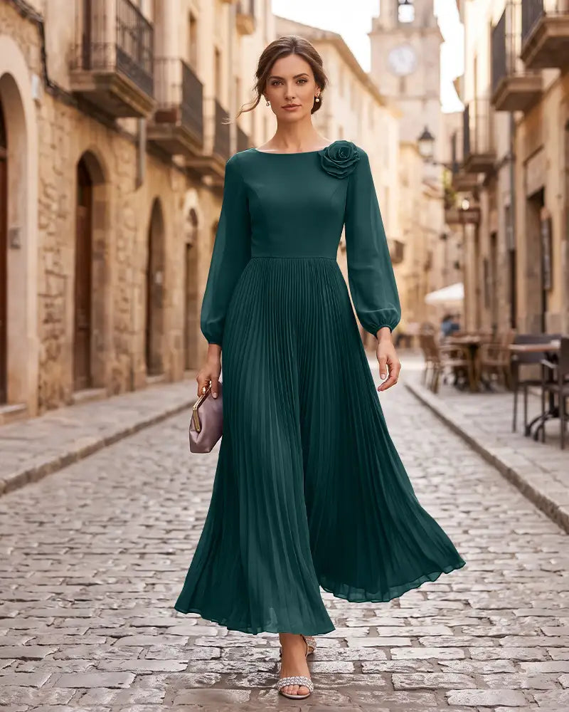 Pleated Mother of the Bride Dress with 3D Floral Shoulder