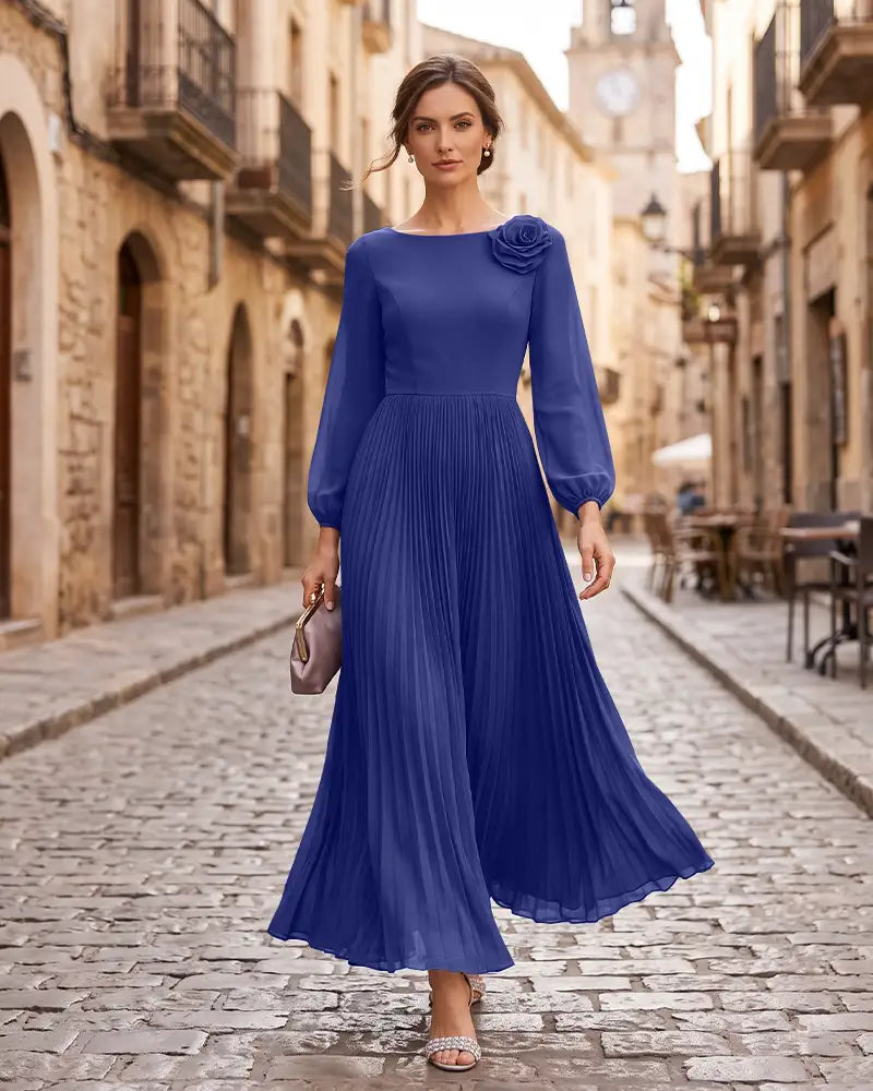 Pleated Mother of the Bride Dress with 3D Floral Shoulder