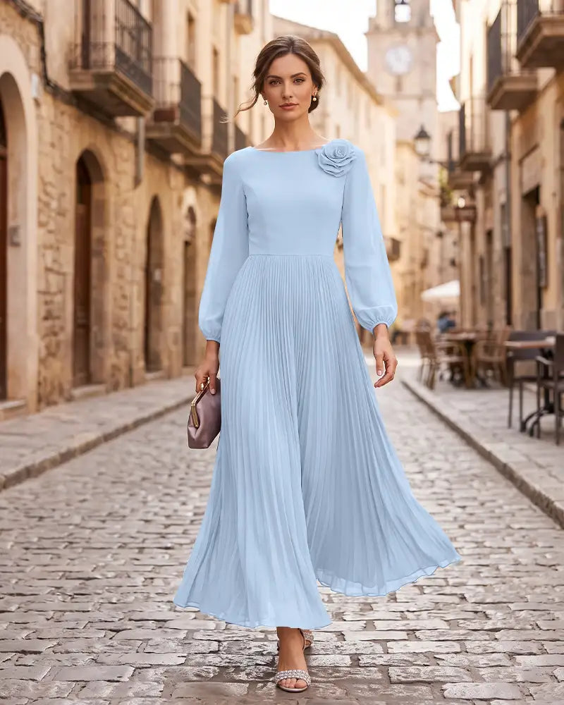 Pleated Mother of the Bride Dress with 3D Floral Shoulder