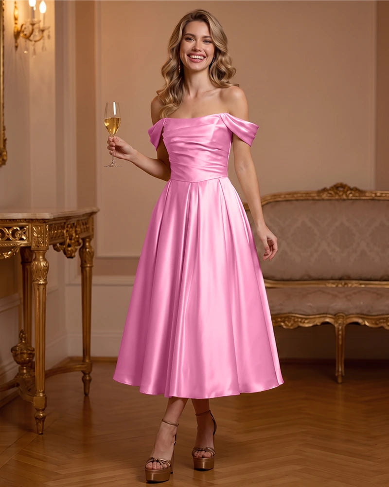 A Line Satin Off Shoulder Formal Dress with Natural Waist