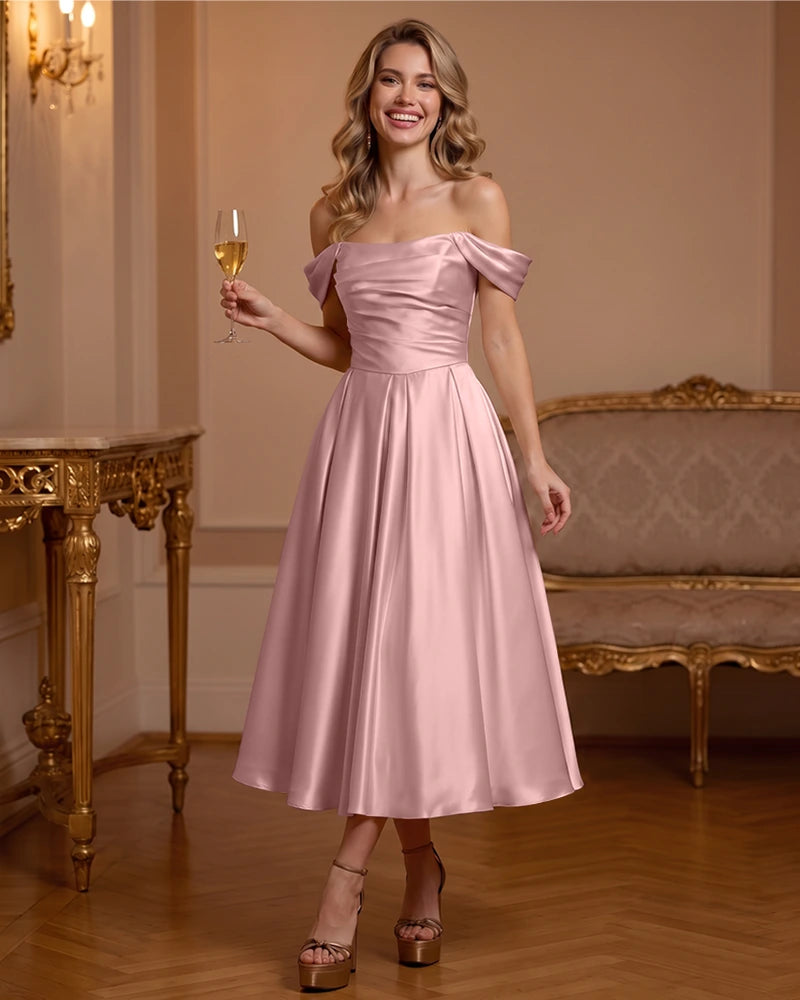 A Line Satin Off Shoulder Formal Dress with Natural Waist
