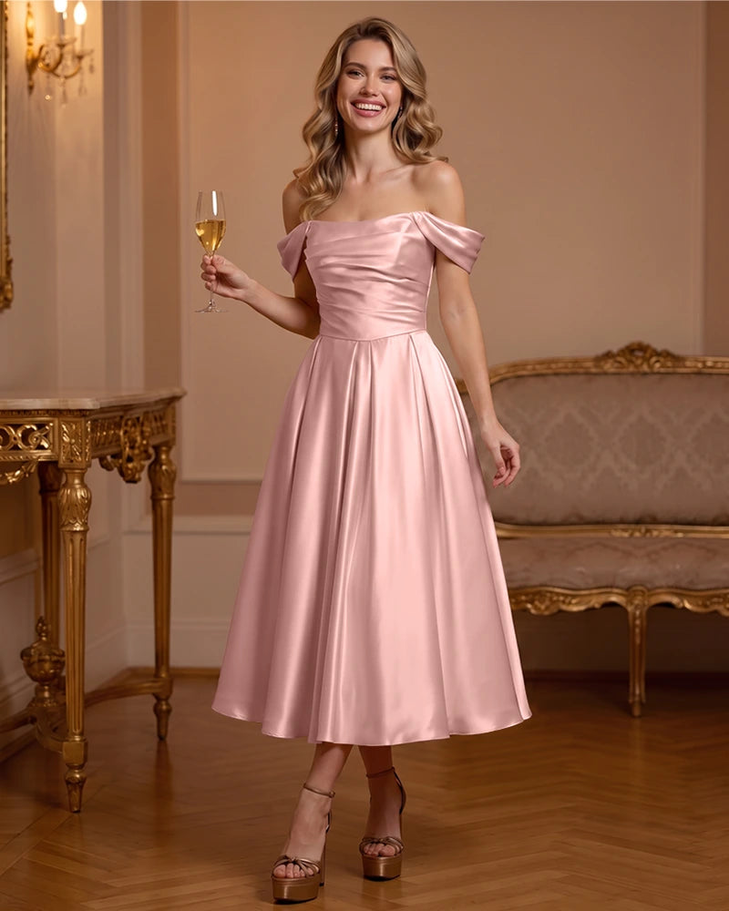 A Line Satin Off Shoulder Formal Dress with Natural Waist
