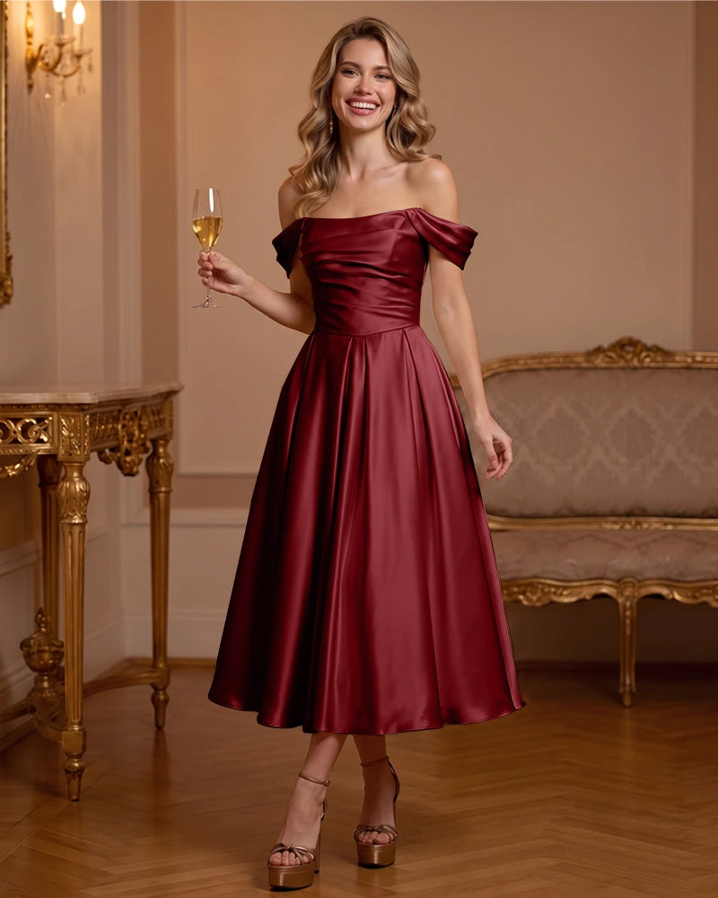 A Line Satin Off Shoulder Formal Dress with Natural Waist