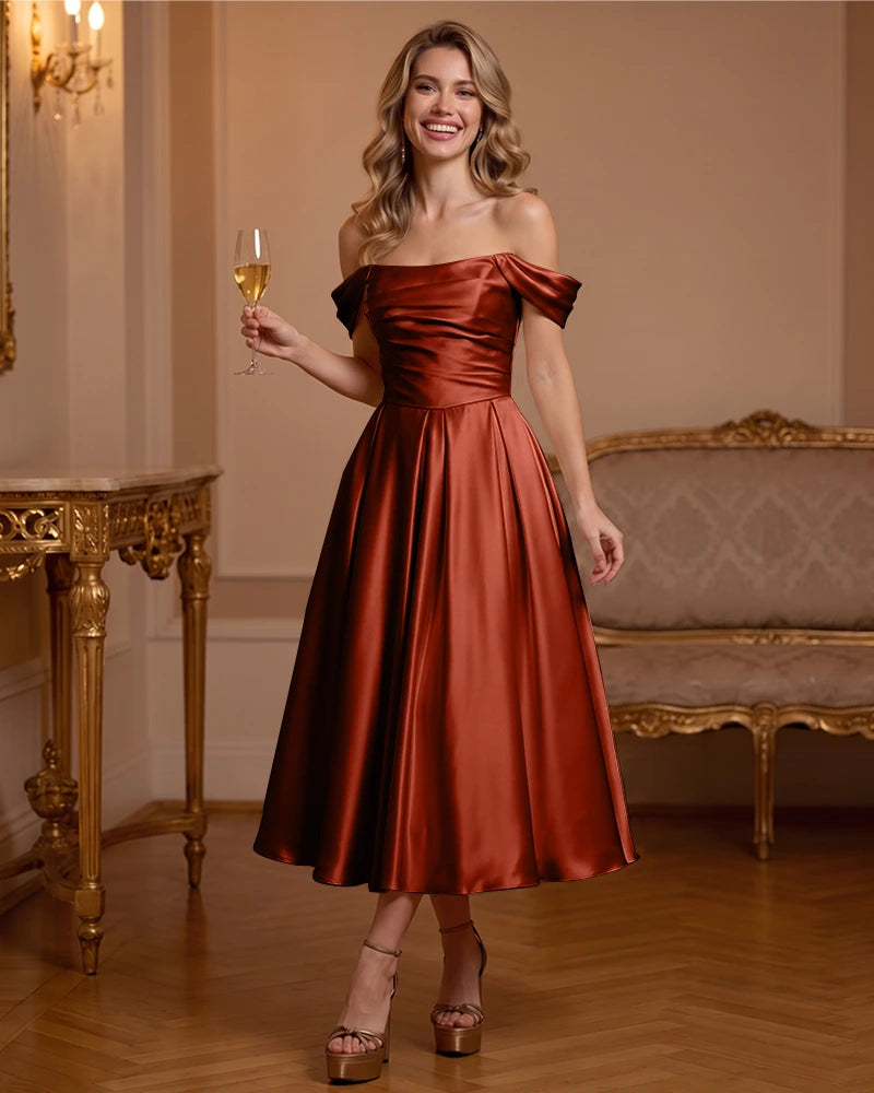 A Line Satin Off Shoulder Formal Dress with Natural Waist