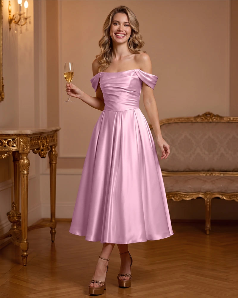 A Line Satin Off Shoulder Formal Dress with Natural Waist