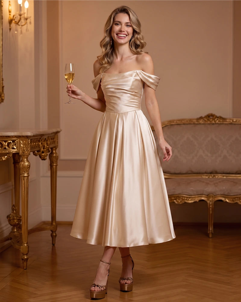 A Line Satin Off Shoulder Formal Dress with Natural Waist
