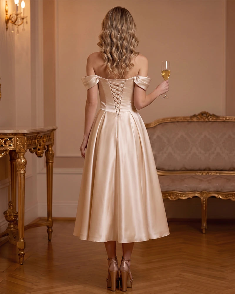 A Line Satin Off Shoulder Formal Dress with Natural Waist