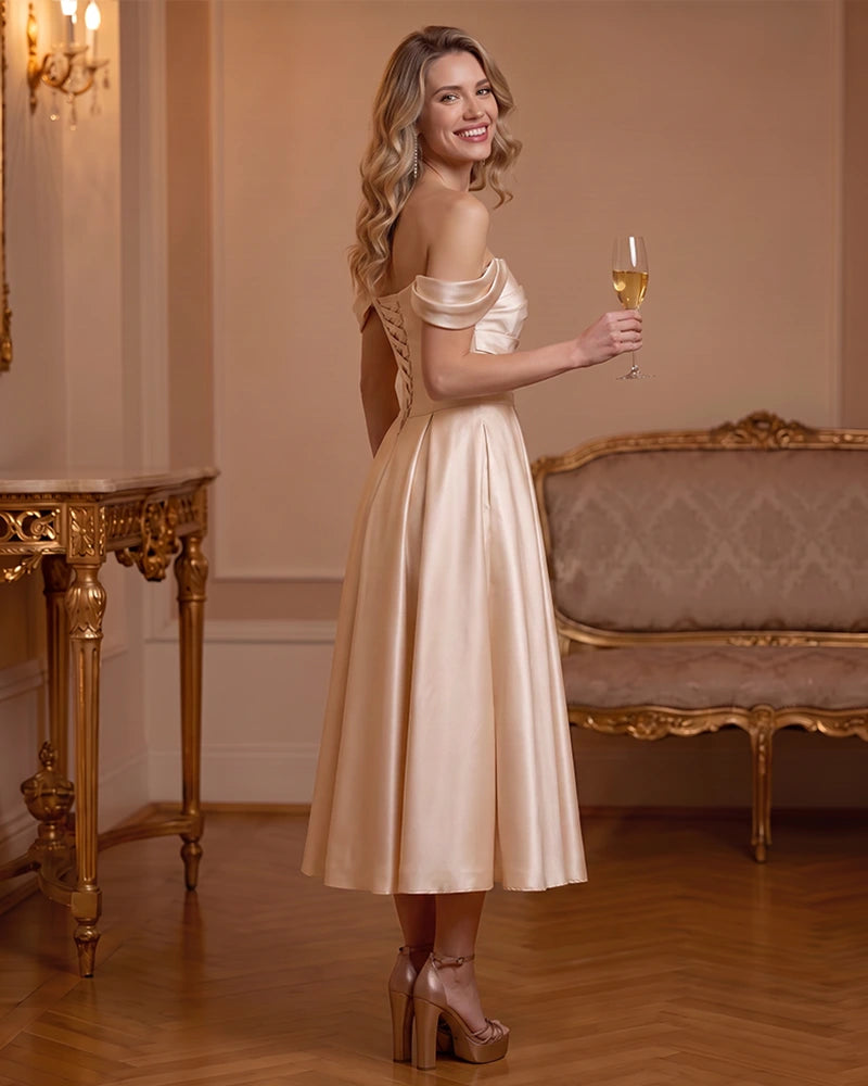 A Line Satin Off Shoulder Formal Dress with Natural Waist