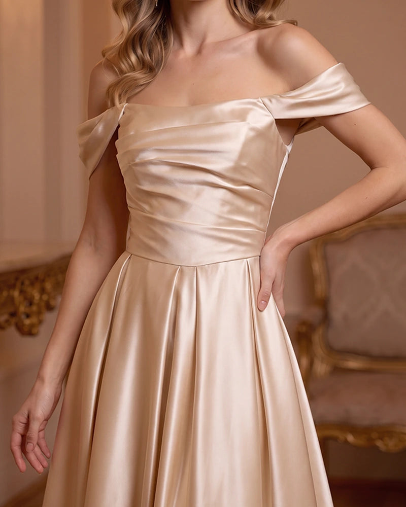 A Line Satin Off Shoulder Formal Dress with Natural Waist