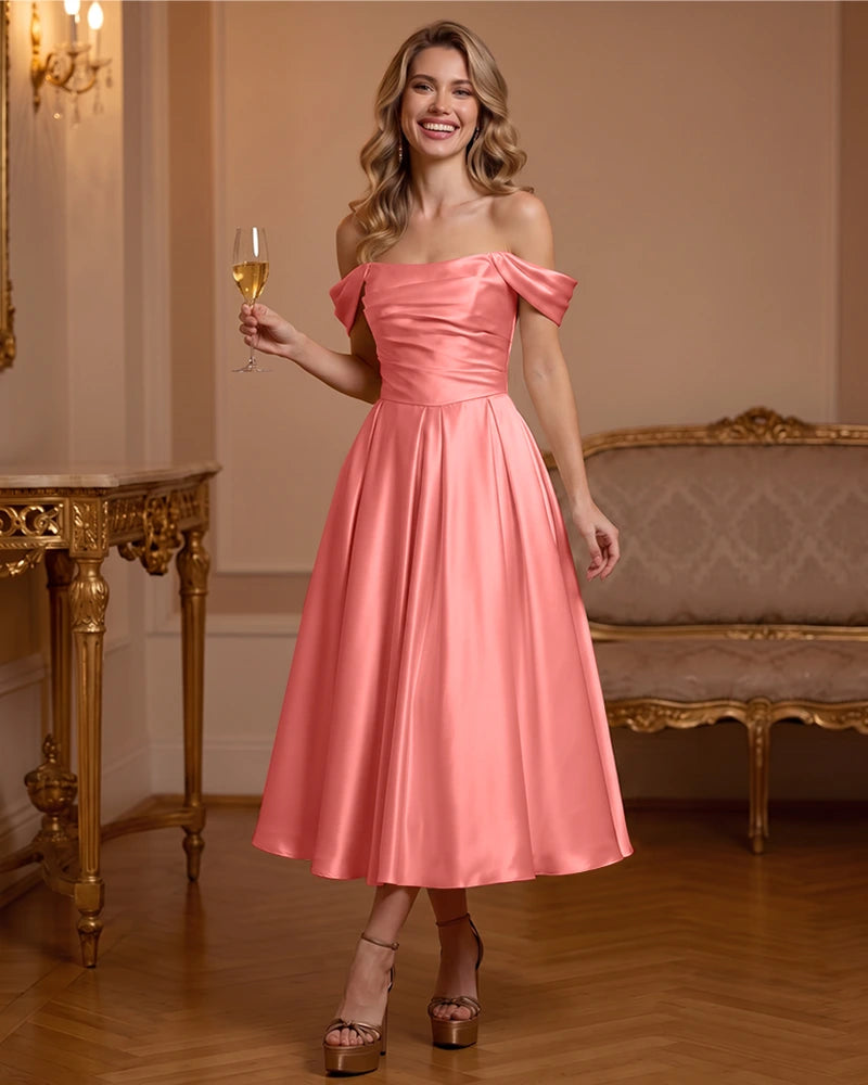A Line Satin Off Shoulder Formal Dress with Natural Waist