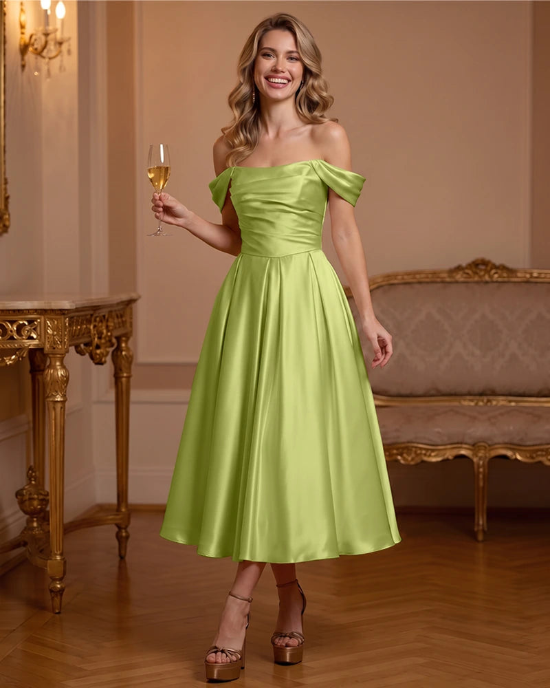 A Line Satin Off Shoulder Formal Dress with Natural Waist