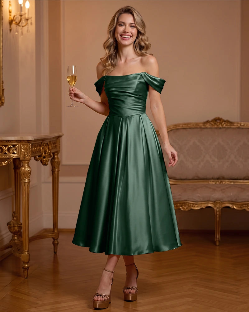 A Line Satin Off Shoulder Formal Dress with Natural Waist