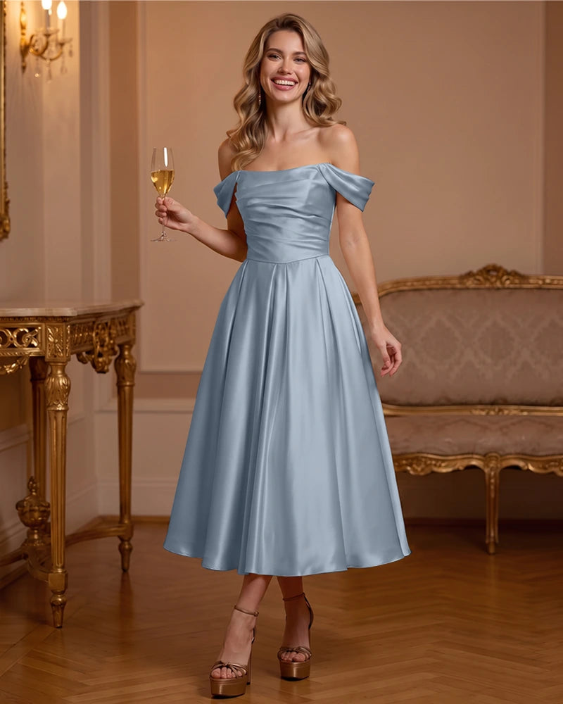 A Line Satin Off Shoulder Formal Dress with Natural Waist