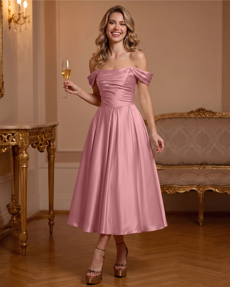 A Line Satin Off Shoulder Formal Dress with Natural Waist