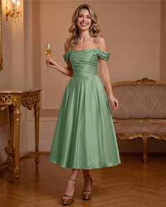 A Line Satin Off Shoulder Formal Dress with Natural Waist
