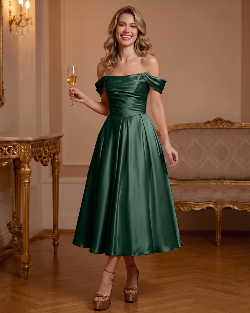 A Line Satin Off Shoulder Formal Dress with Natural Waist