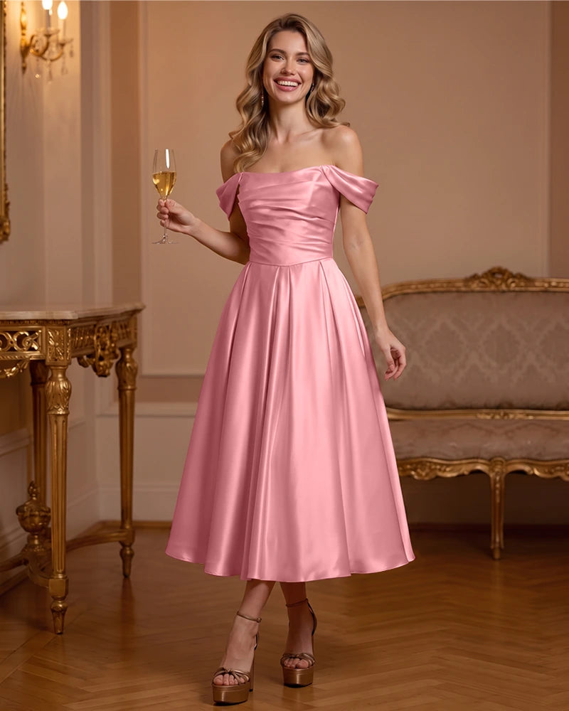 A Line Satin Off Shoulder Formal Dress with Natural Waist
