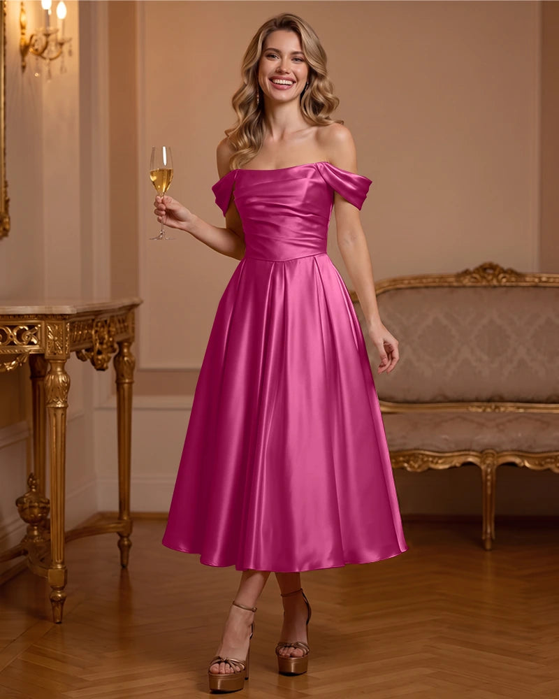 A Line Satin Off Shoulder Formal Dress with Natural Waist