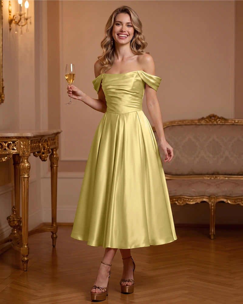 A Line Satin Off Shoulder Formal Dress with Natural Waist