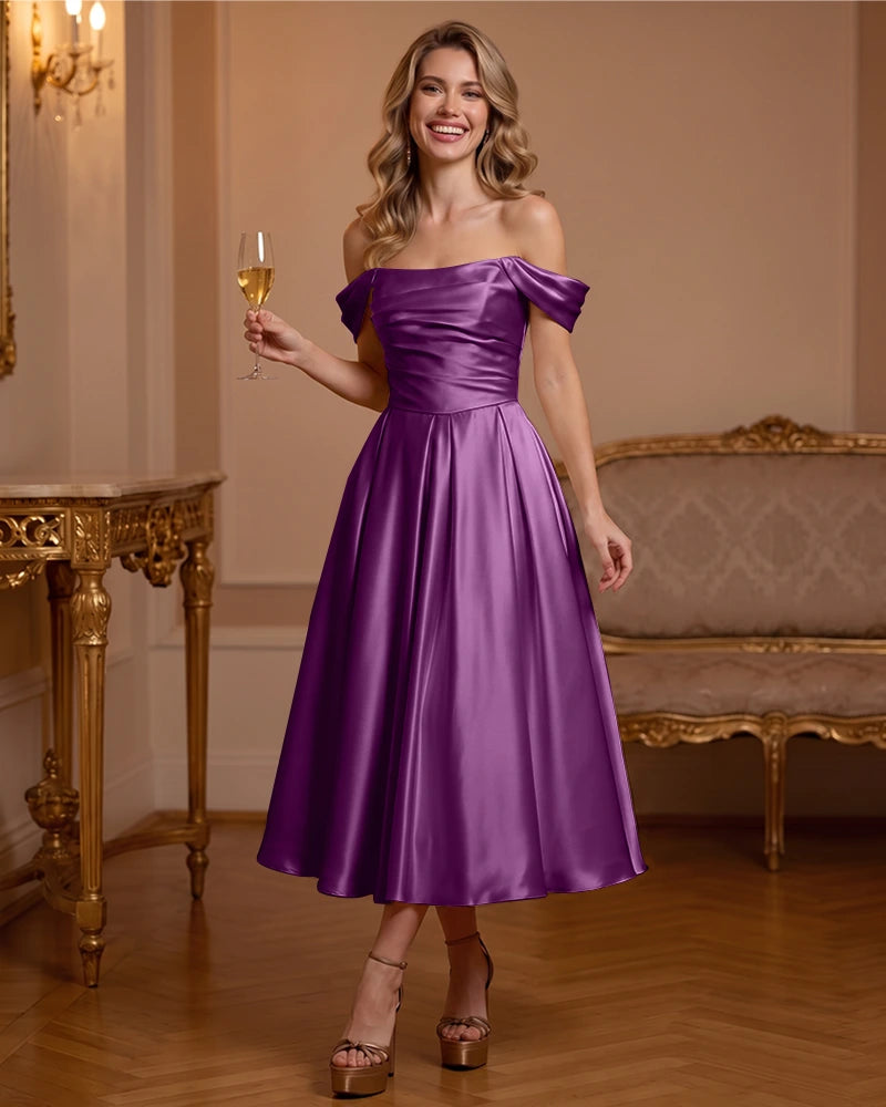 A Line Satin Off Shoulder Formal Dress with Natural Waist