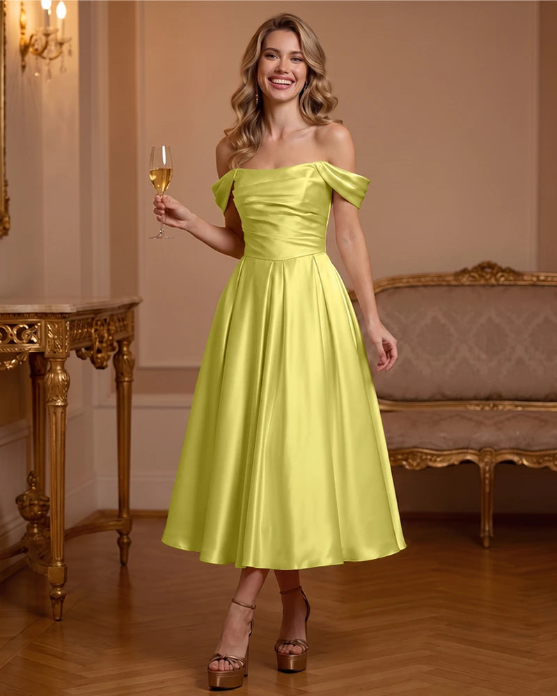 A Line Satin Off Shoulder Formal Dress with Natural Waist