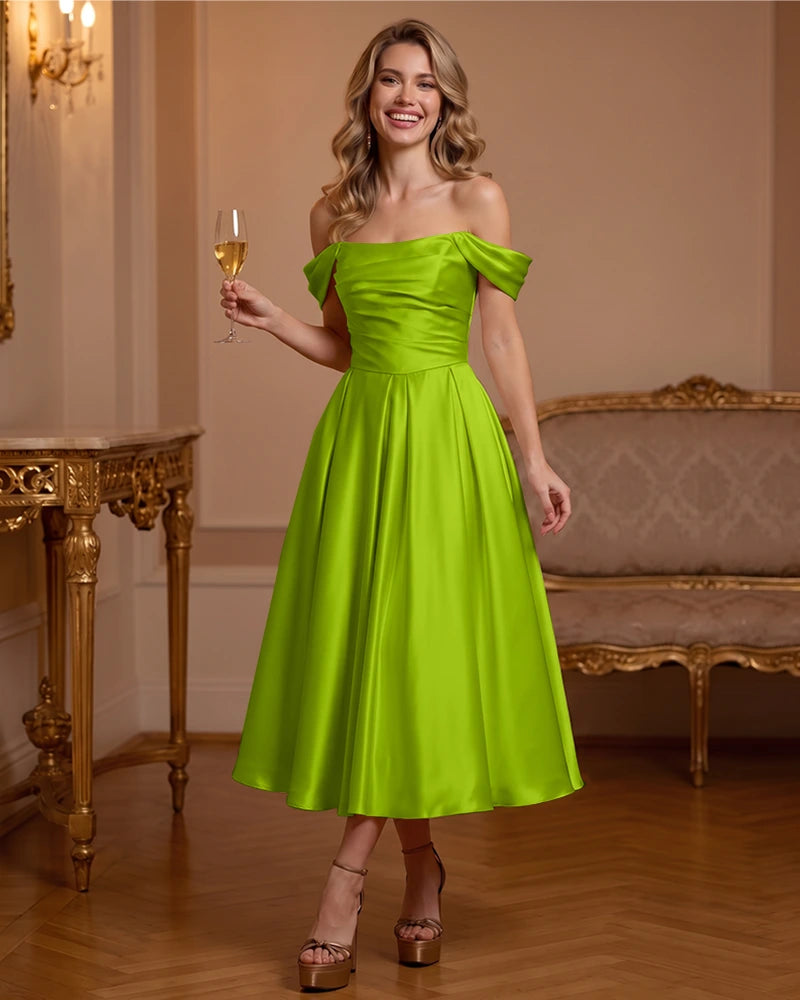 A Line Satin Off Shoulder Formal Dress with Natural Waist