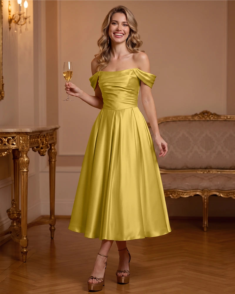 A Line Satin Off Shoulder Formal Dress with Natural Waist