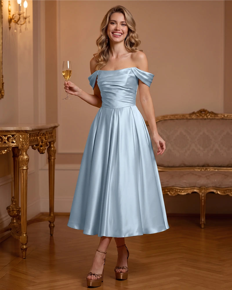 A Line Satin Off Shoulder Formal Dress with Natural Waist