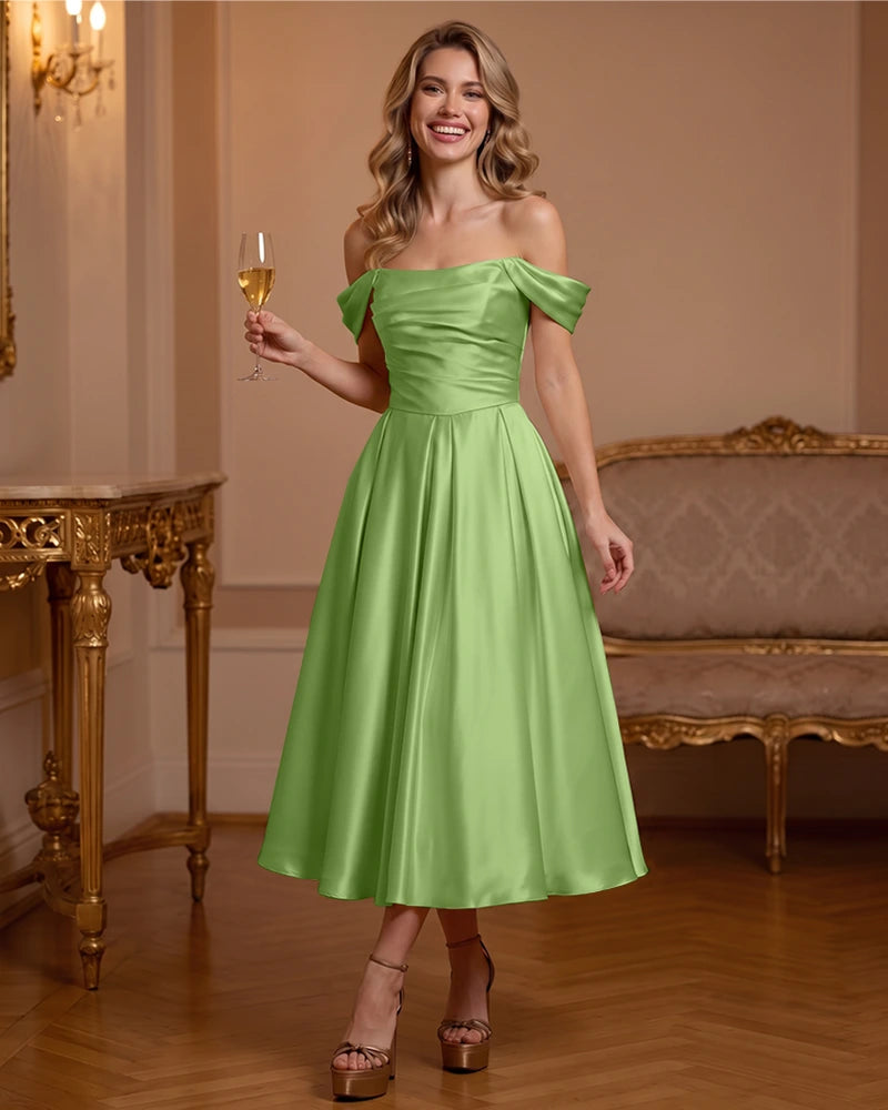 A Line Satin Off Shoulder Formal Dress with Natural Waist