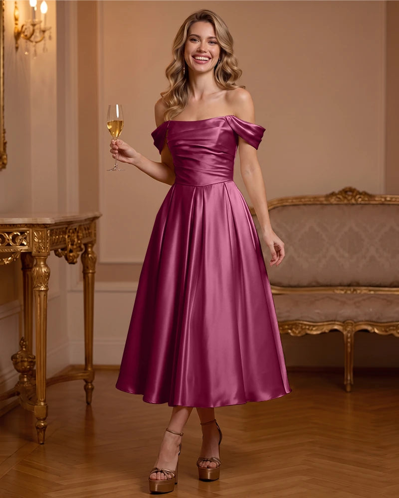 A Line Satin Off Shoulder Formal Dress with Natural Waist
