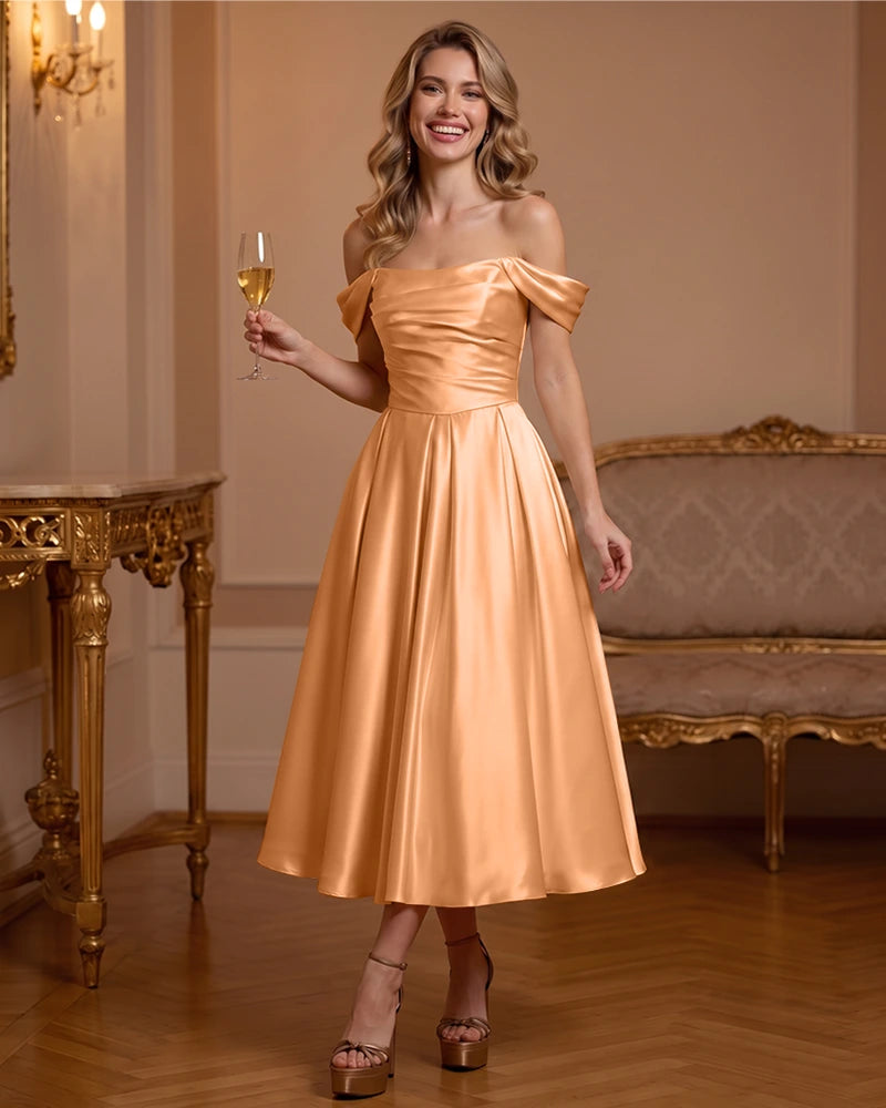 A Line Satin Off Shoulder Formal Dress with Natural Waist