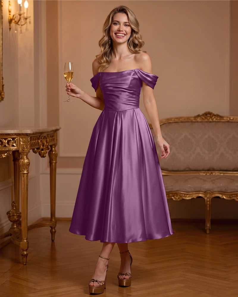 A Line Satin Off Shoulder Formal Dress with Natural Waist