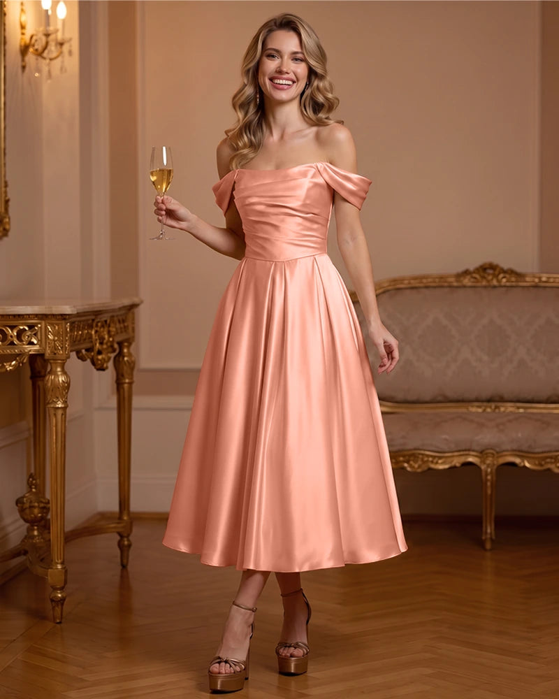 A Line Satin Off Shoulder Formal Dress with Natural Waist