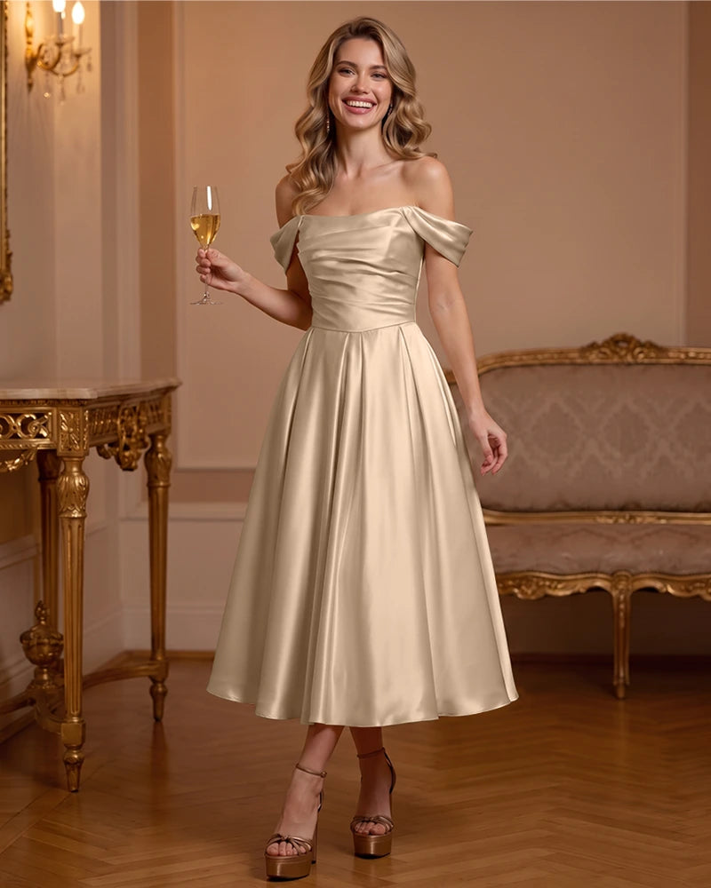 A Line Satin Off Shoulder Formal Dress with Natural Waist