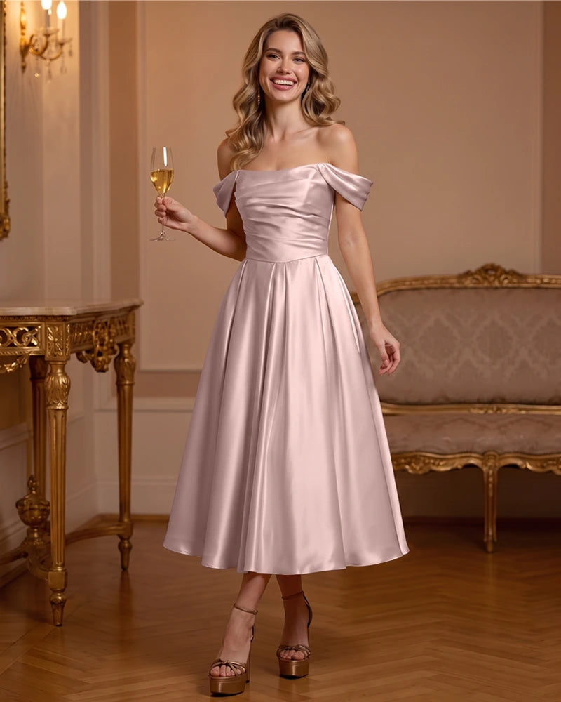 A Line Satin Off Shoulder Formal Dress with Natural Waist