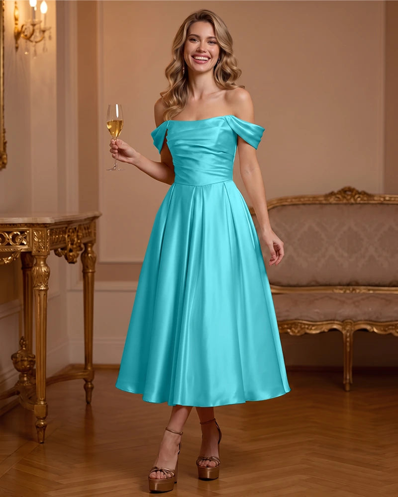 A Line Satin Off Shoulder Formal Dress with Natural Waist