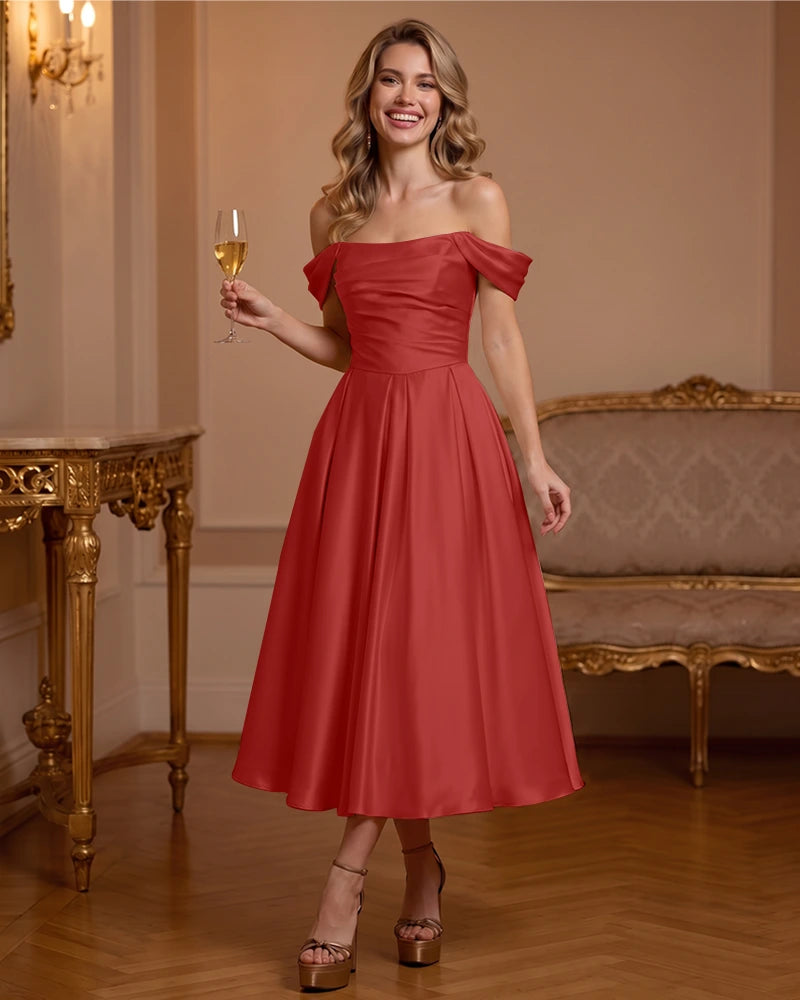 A Line Satin Off Shoulder Formal Dress with Natural Waist