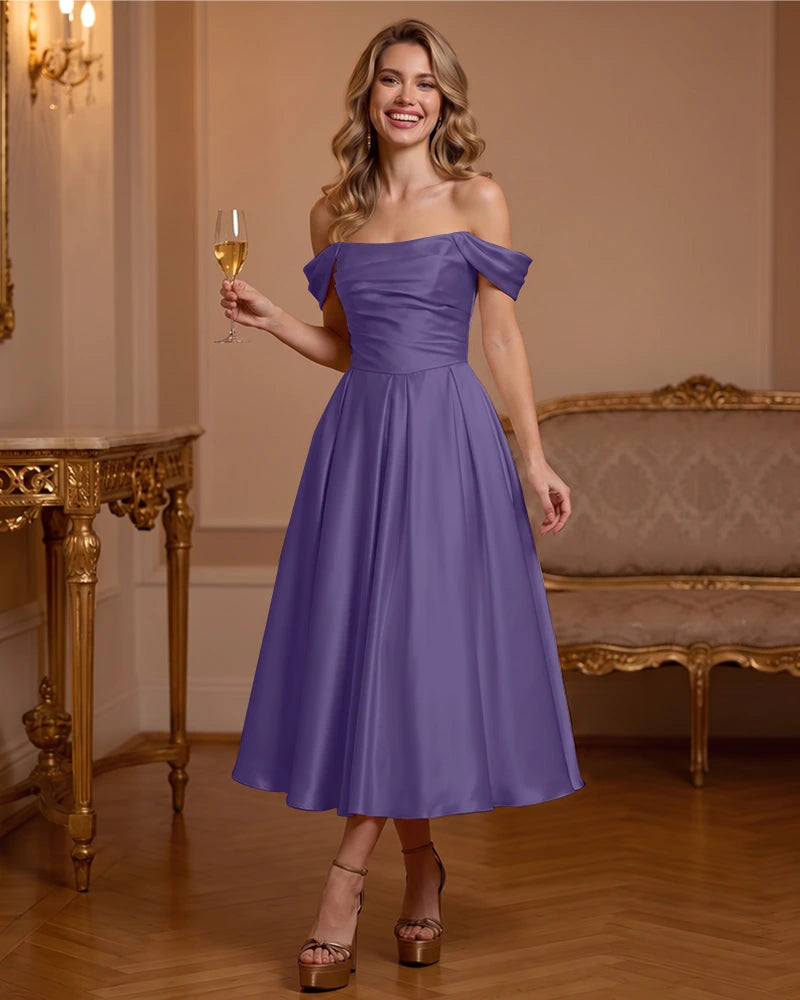 A Line Satin Off Shoulder Formal Dress with Natural Waist