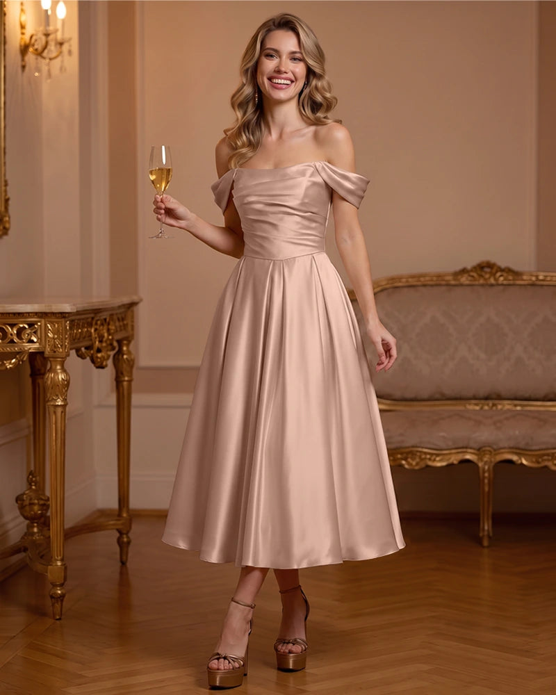 A Line Satin Off Shoulder Formal Dress with Natural Waist